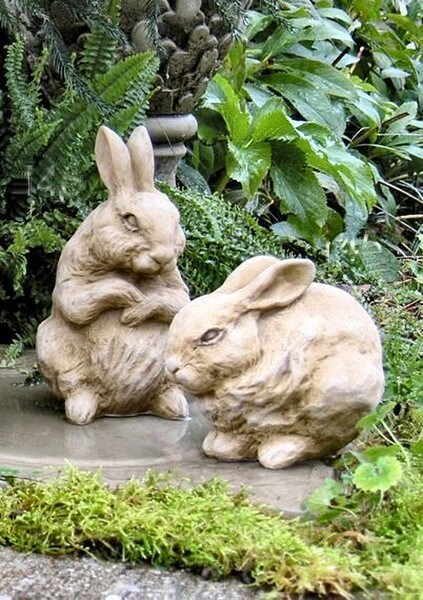 Stone Bunny Statue for outdoor - Baby Rabbits Cement Set